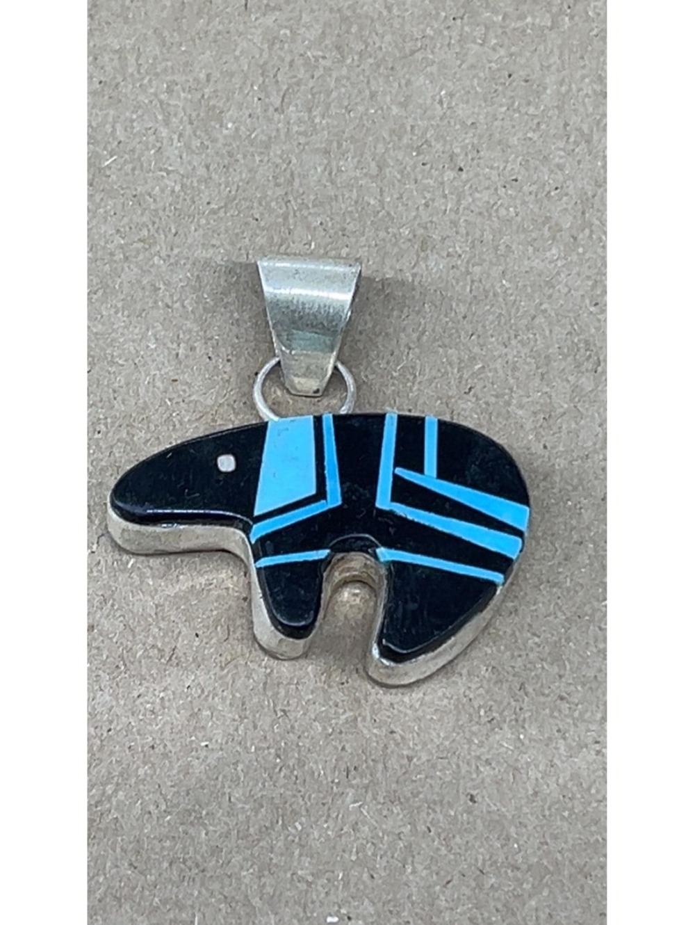 Navajo sterling silver traditional inlay turquoise, onyx bear pendant -Priscilla